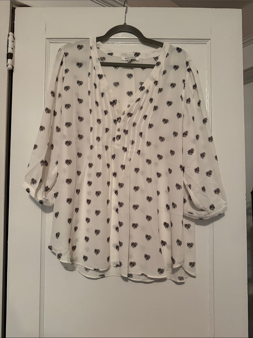 Lightweight White Heart-Print V-Neck Blouse - Women's Top